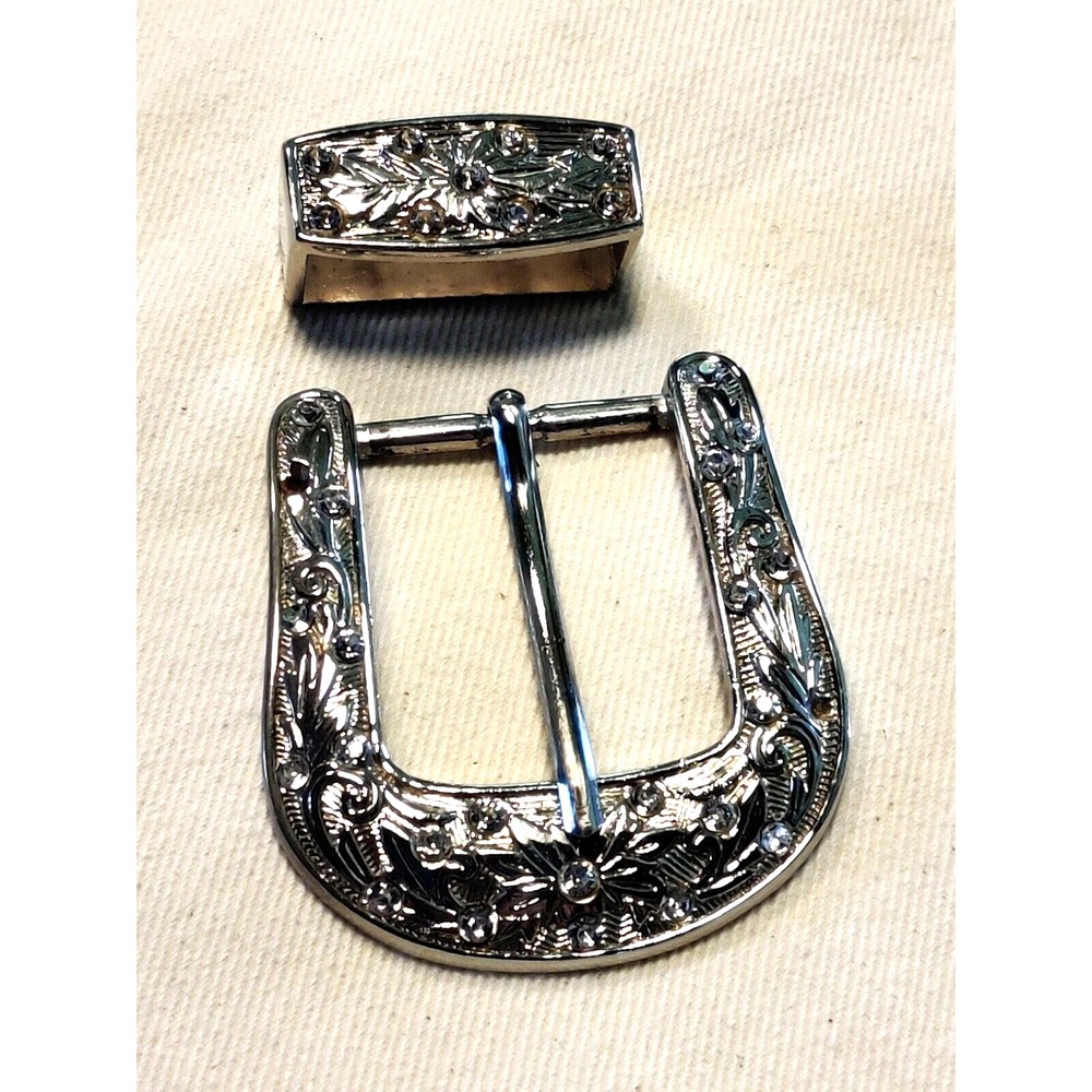 SILVER TONED DECORATIVE FLORAL FRAME STYLE WESTERN BELT BUCKLE CLEAR RHINESTONES - Picture 3 of 8